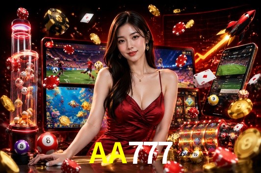 Una escena digital vívida inspirada en casino con AA777 mostrado prominentemente, luces brillantes, fichas, cartas y acentos dorados.