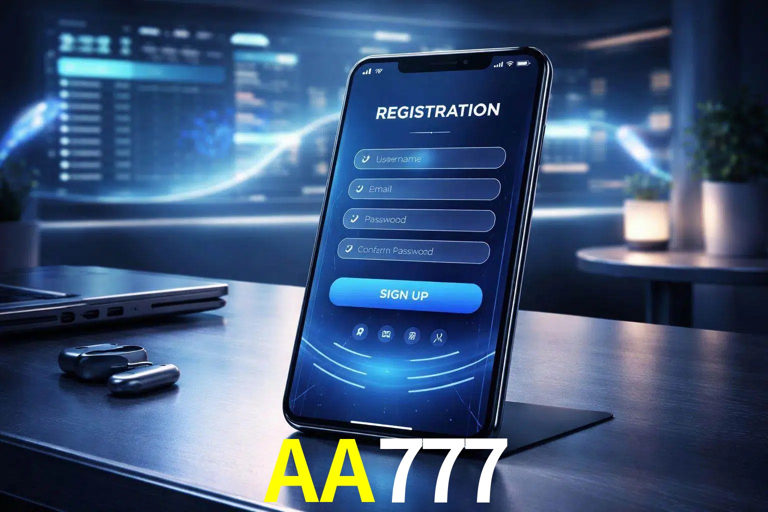 Una interfaz moderna de registro móvil para AA777 mostrada en un smartphone con un panel de apuestas elegante.